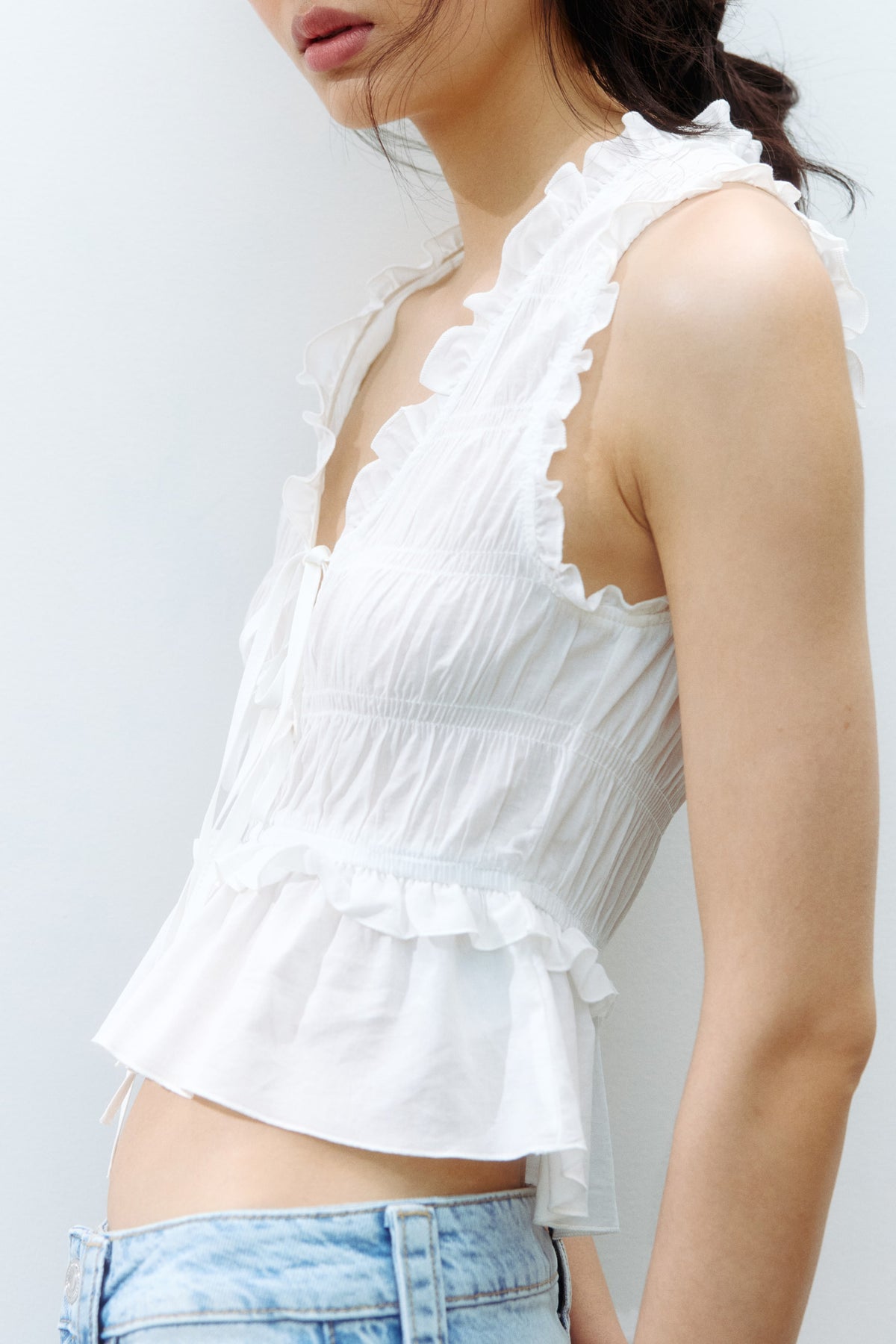 Tie-detail smocked top Cream
