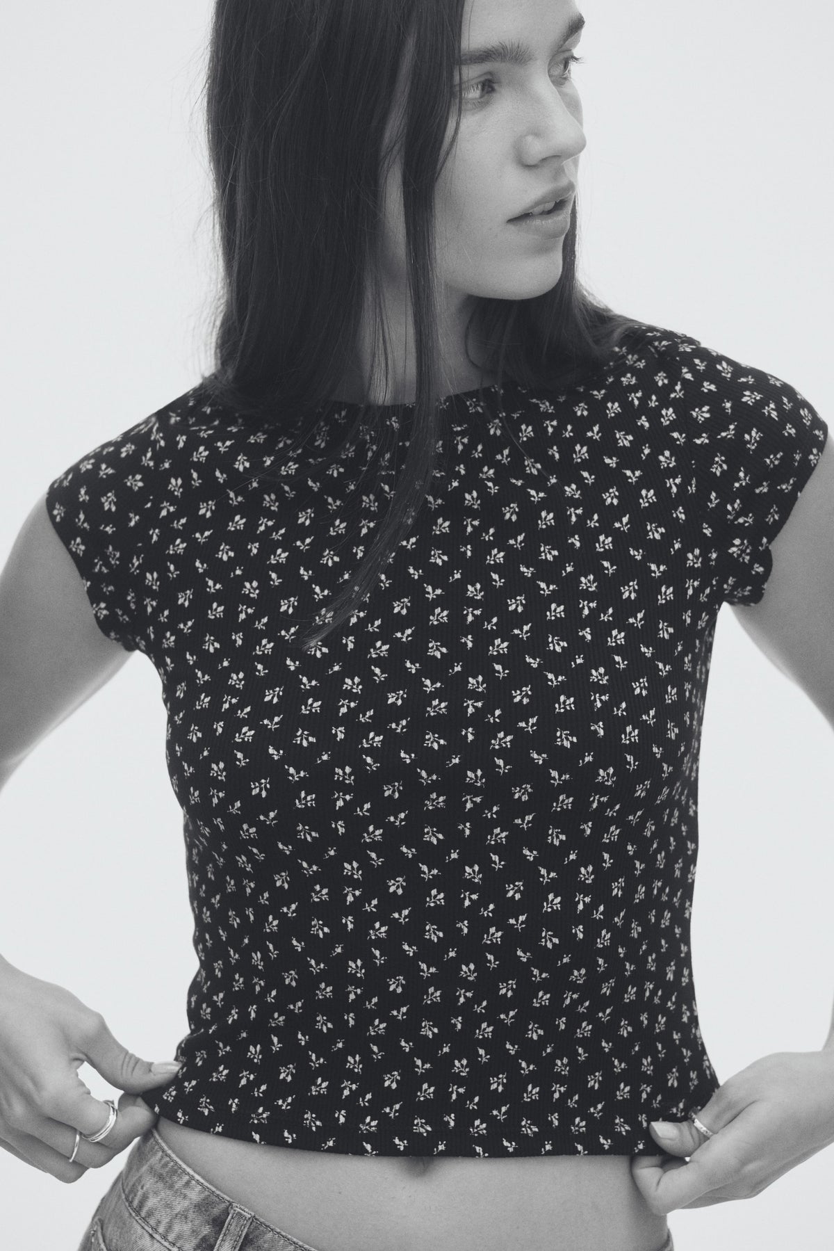 Ribbed boat-neck top Black/Floral